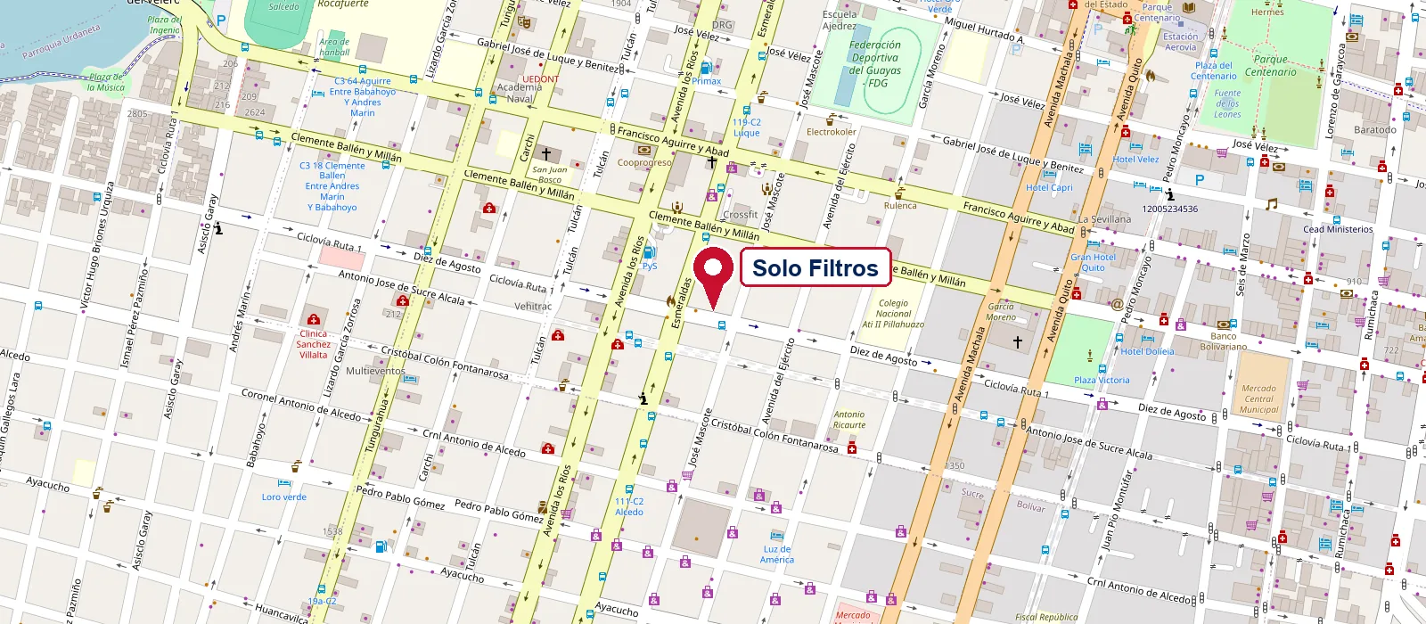 Mapa: Solo Filtros en la Av. 10 de Agosto 1808, entre Esmeraldas y José Mascote, Guayaquil. Abrir en Google Maps
